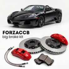 Black Ferrari F430 Spider (2005-2009) shown above a ForzaCCB iron rotor big brake kit with 2x red 6-piston front calipers, 2x two-piece floating ventilated brake discs 380 mm, set of brake pads, and brake lines.