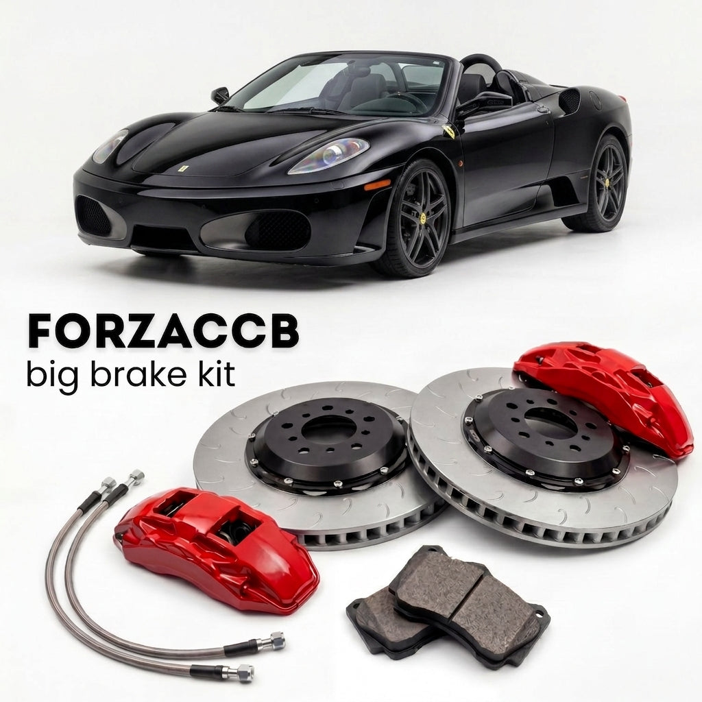 Black Ferrari F430 Spider (2005-2009) shown above a ForzaCCB iron rotor big brake kit with 2x red 6-piston front calipers, 2x two-piece floating ventilated brake discs 380 mm, set of brake pads, and brake lines.