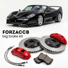 Black Ferrari F50 (1995-1997) shown above a ForzaCCB iron rotor big brake kit with 2x red 6-piston front calipers, 2x two-piece floating ventilated brake discs 380 mm, set of brake pads, and brake lines.