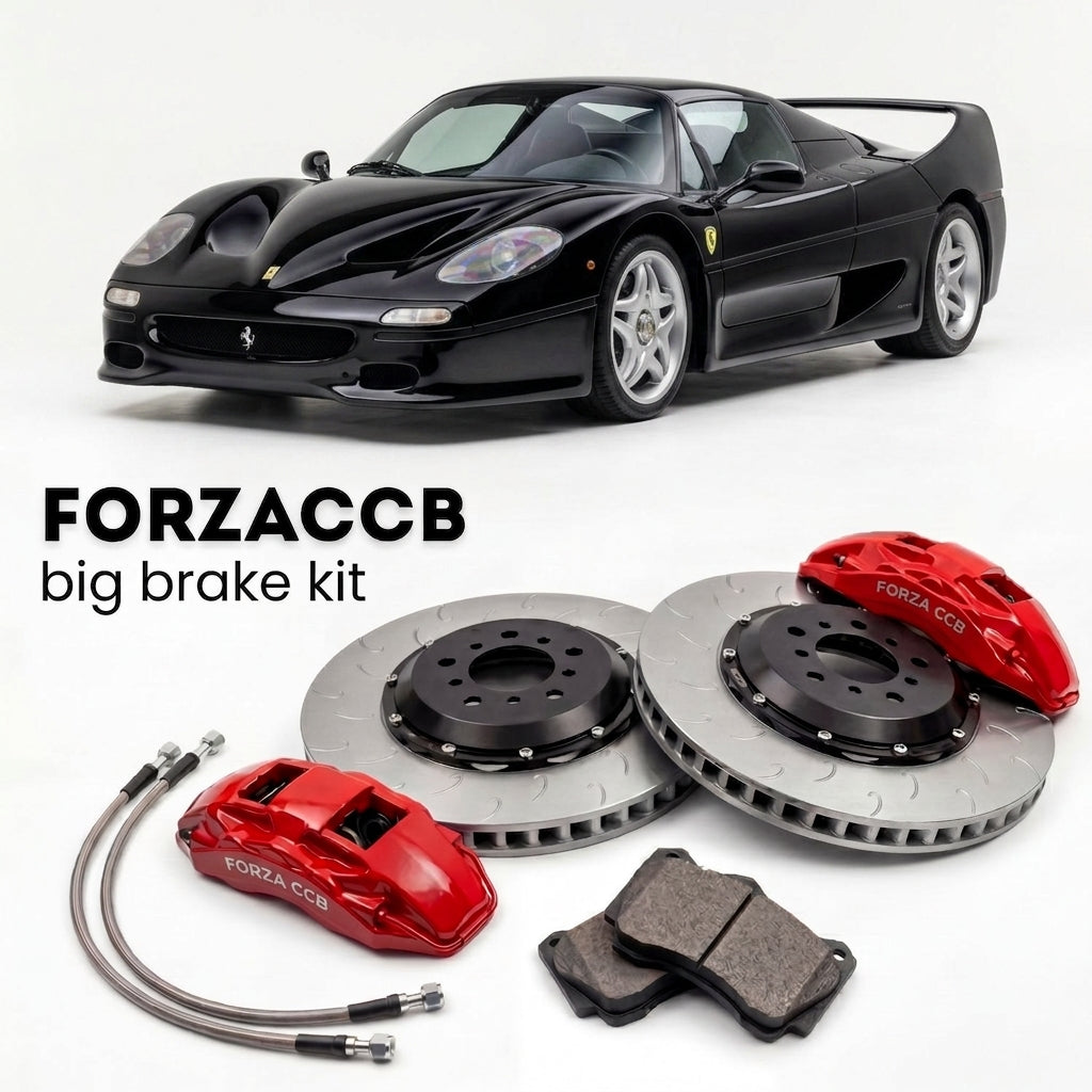 Black Ferrari F50 (1995-1997) shown above a ForzaCCB iron rotor big brake kit with 2x red 6-piston front calipers, 2x two-piece floating ventilated brake discs 380 mm, set of brake pads, and brake lines.