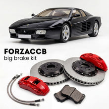 Black Ferrari F512 M (1994-1996) shown above a ForzaCCB iron rotor big brake kit with 2x red 6-piston front calipers, 2x two-piece floating ventilated brake discs 380 mm, set of brake pads, and brake lines.