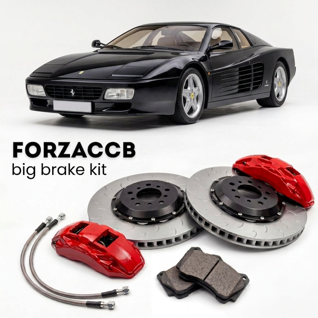 Black Ferrari F512 M (1994-1996) shown above a ForzaCCB iron rotor big brake kit with 2x red 6-piston front calipers, 2x two-piece floating ventilated brake discs 380 mm, set of brake pads, and brake lines.