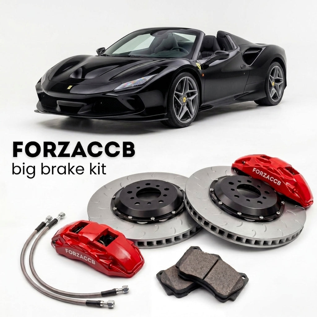 Black Ferrari F8 Spider (2020-2022) shown above a ForzaCCB iron rotor big brake kit with 2x red 6-piston front calipers, 2x two-piece floating ventilated brake discs 380 mm, set of brake pads, and brake lines.