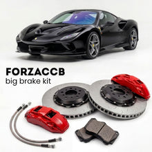 Black Ferrari F8 Tributo (2019-2022) shown above a ForzaCCB iron rotor big brake kit with 2x red 6-piston front calipers, 2x two-piece floating ventilated brake discs 380 mm, set of brake pads, and brake lines.