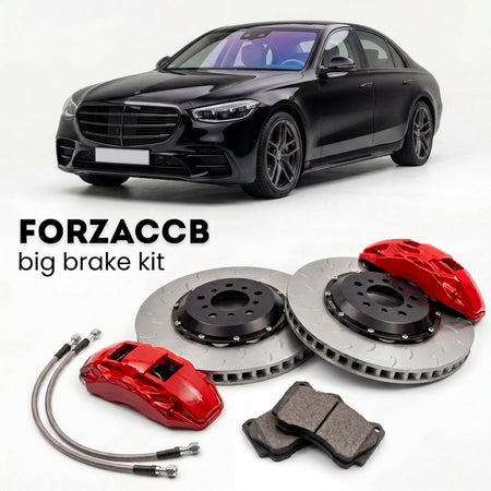Black Ferrari F80 (2024+) shown above a ForzaCCB iron rotor big brake kit with 2x red 6-piston front calipers, 2x two-piece floating ventilated brake discs 380 mm, set of brake pads, and brake lines.