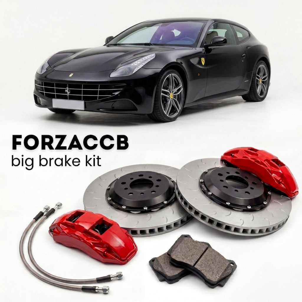 Black Ferrari FF (2011-2016) shown above a ForzaCCB iron rotor big brake kit with 2x red 6-piston front calipers, 2x two-piece floating ventilated brake discs 380 mm, set of brake pads, and brake lines.