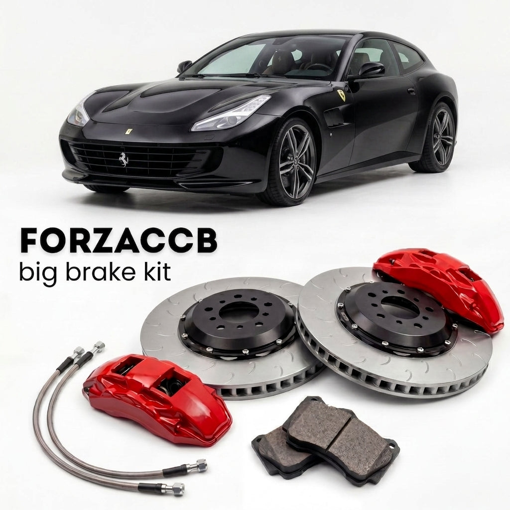 Black Ferrari GTC4Lusso (2016-2020) shown above a ForzaCCB iron rotor big brake kit with 2x red 6-piston front calipers, 2x two-piece floating ventilated brake discs 380 mm, set of brake pads, and brake lines.