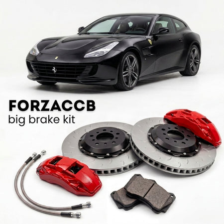 Black Ferrari GTC4Lusso (2016-2020) shown above a ForzaCCB iron rotor big brake kit with 2x red 6-piston front calipers, 2x two-piece floating ventilated brake discs 380 mm, set of brake pads, and brake lines.