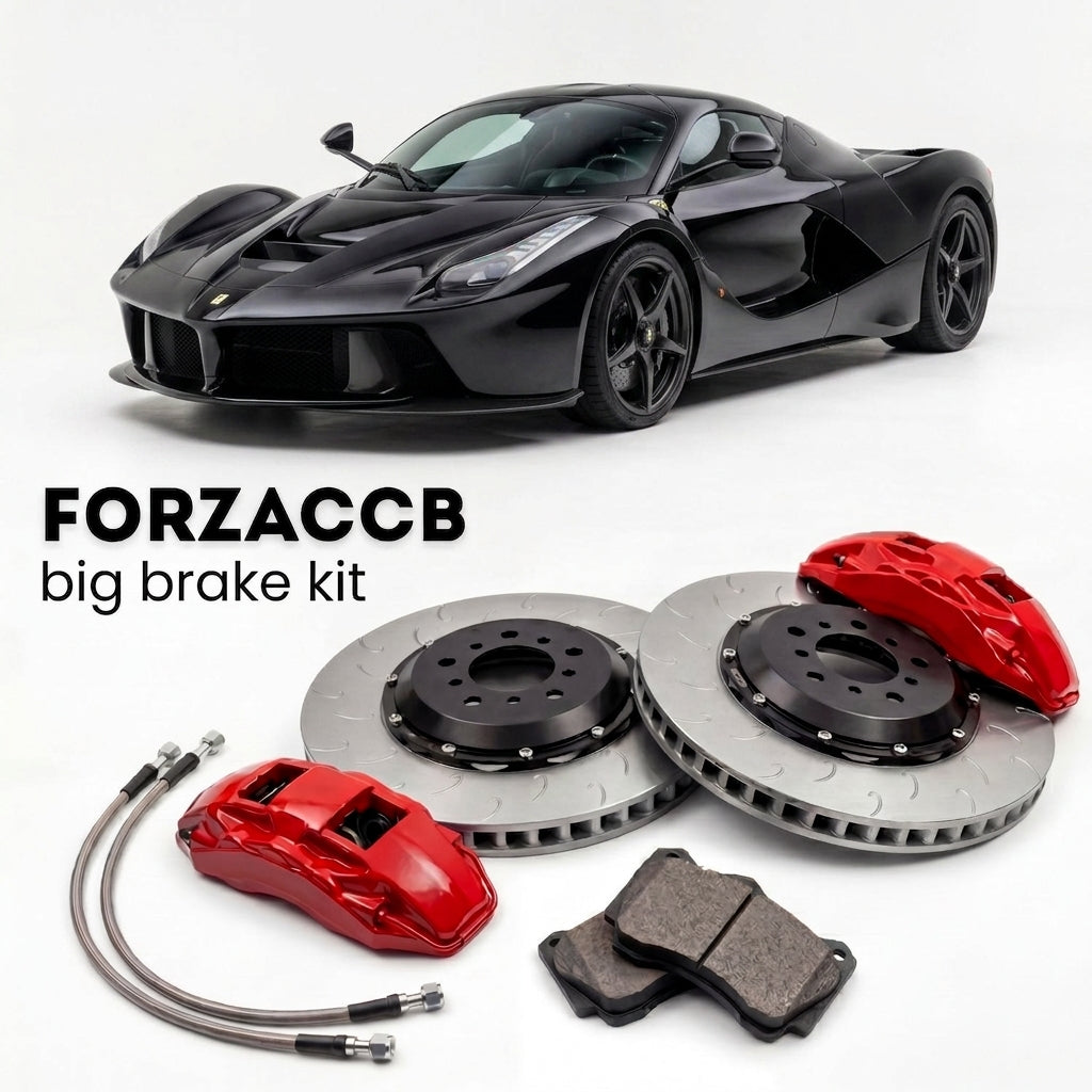 Black Ferrari LaFerrari (2013-2016) shown above a ForzaCCB iron rotor big brake kit with 2x red 6-piston front calipers, 2x two-piece floating ventilated brake discs 380 mm, set of brake pads, and brake lines.