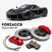 Black Ferrari LaFerrari Aperta (2016-2018) shown above a ForzaCCB iron rotor big brake kit with 2x red 6-piston front calipers, 2x two-piece floating ventilated brake discs 380 mm, set of brake pads, and brake lines.