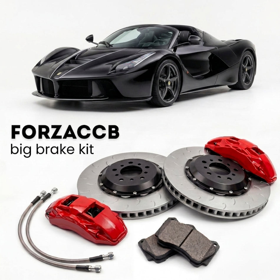 Black Ferrari LaFerrari Aperta (2016-2018) shown above a ForzaCCB iron rotor big brake kit with 2x red 6-piston front calipers, 2x two-piece floating ventilated brake discs 380 mm, set of brake pads, and brake lines.