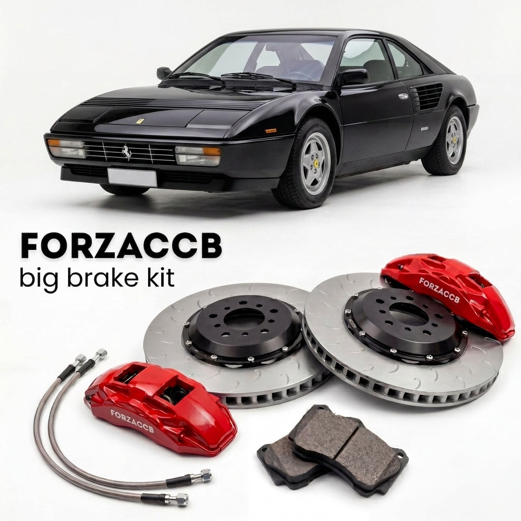 Black Ferrari Mondial 8 (1980-1981) shown above a ForzaCCB iron rotor big brake kit with 2x red 6-piston front calipers, 2x two-piece floating ventilated brake discs 380 mm, set of brake pads, and brake lines.