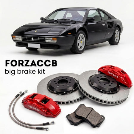 Black Ferrari Mondial 8 (1980-1981) shown above a ForzaCCB iron rotor big brake kit with 2x red 6-piston front calipers, 2x two-piece floating ventilated brake discs 380 mm, set of brake pads, and brake lines.