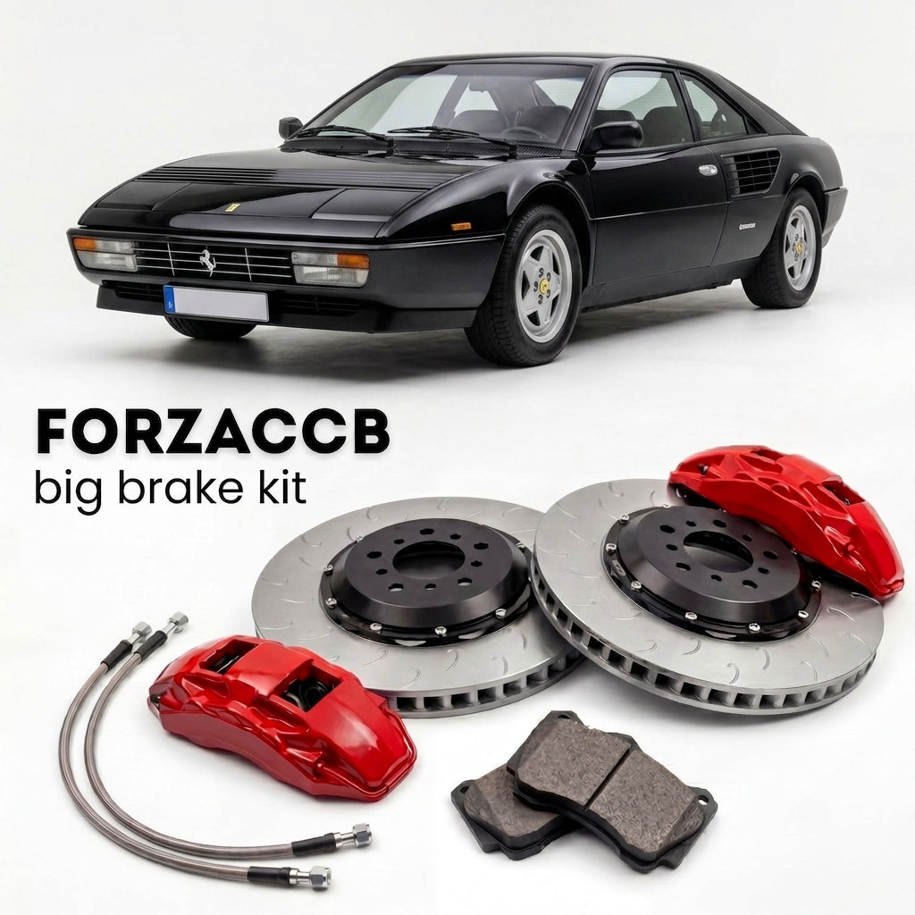 Black Ferrari Mondial Quattrovalvole (1982-1985) shown above a ForzaCCB iron rotor big brake kit with 2x red 6-piston front calipers, 2x two-piece floating ventilated brake discs 380 mm, set of brake pads, and brake lines.