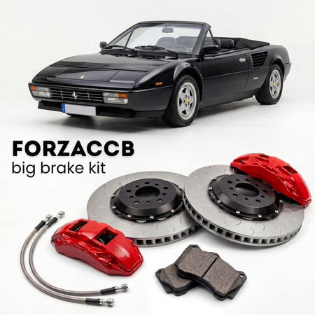 Black Ferrari Mondial Quattrovalvole Cabriolet (1983-1985) shown above a ForzaCCB iron rotor big brake kit with 2x red 6-piston front calipers, 2x two-piece floating ventilated brake discs 380 mm, set of brake pads, and brake lines.