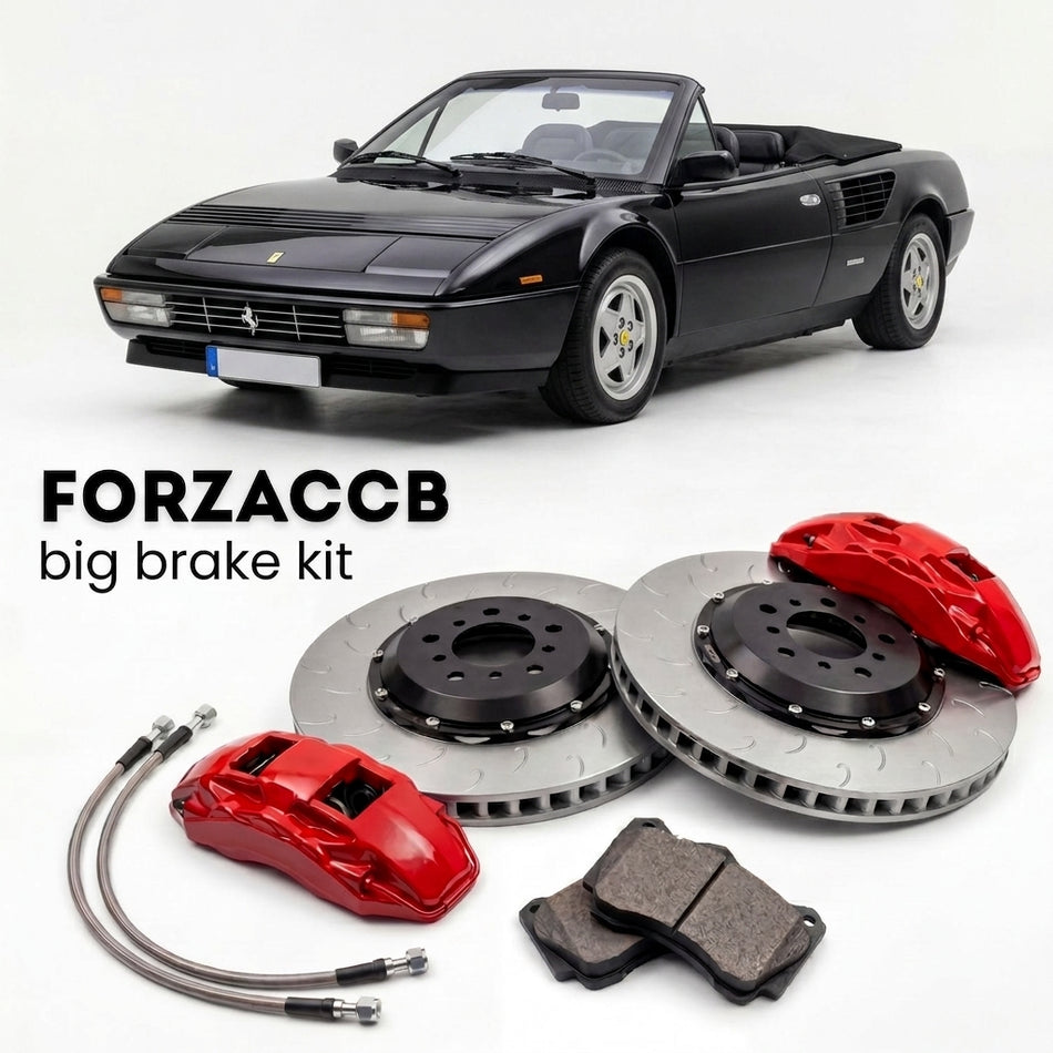 Black Ferrari Mondial Quattrovalvole Cabriolet (1983-1985) shown above a ForzaCCB iron rotor big brake kit with 2x red 6-piston front calipers, 2x two-piece floating ventilated brake discs 380 mm, set of brake pads, and brake lines.