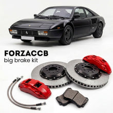 Black Ferrari Mondial T (1989-1993) shown above a ForzaCCB iron rotor big brake kit with 2x red 6-piston front calipers, 2x two-piece floating ventilated brake discs 380 mm, set of brake pads, and brake lines.