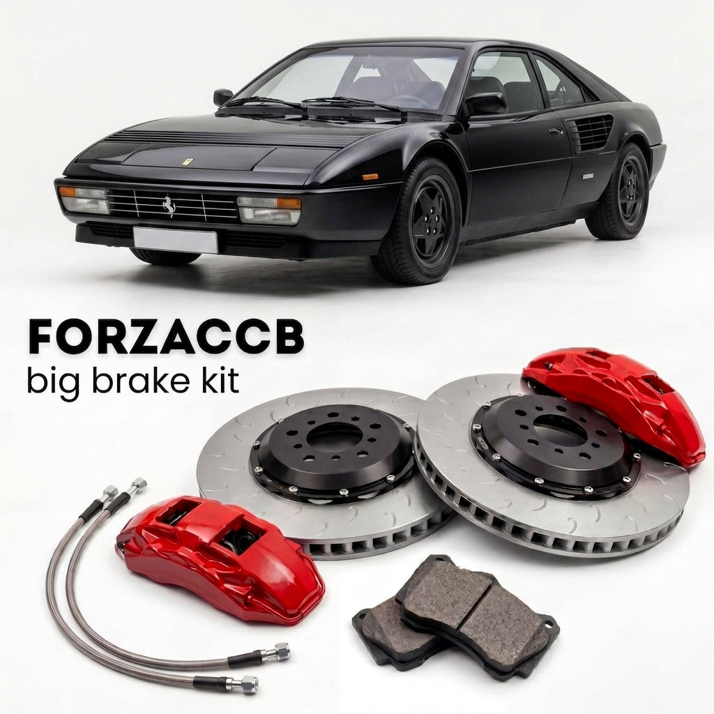 Black Ferrari Mondial T (1989-1993) shown above a ForzaCCB iron rotor big brake kit with 2x red 6-piston front calipers, 2x two-piece floating ventilated brake discs 380 mm, set of brake pads, and brake lines.