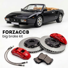 Black Ferrari Mondial T Cabriolet (1989-1993) shown above a ForzaCCB iron rotor big brake kit with 2x red 6-piston front calipers, 2x two-piece floating ventilated brake discs 380 mm, set of brake pads, and brake lines.