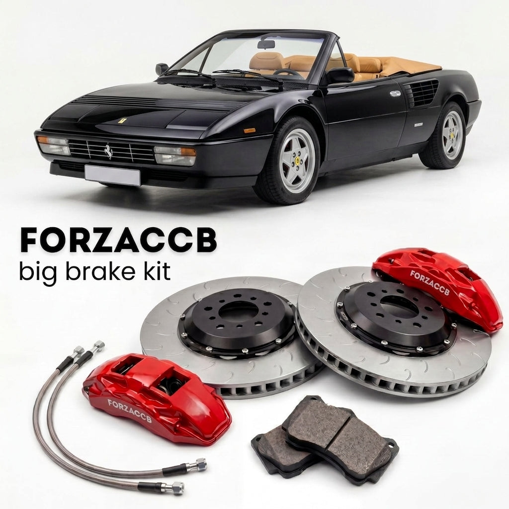 Black Ferrari Mondial T Cabriolet (1989-1993) shown above a ForzaCCB iron rotor big brake kit with 2x red 6-piston front calipers, 2x two-piece floating ventilated brake discs 380 mm, set of brake pads, and brake lines.