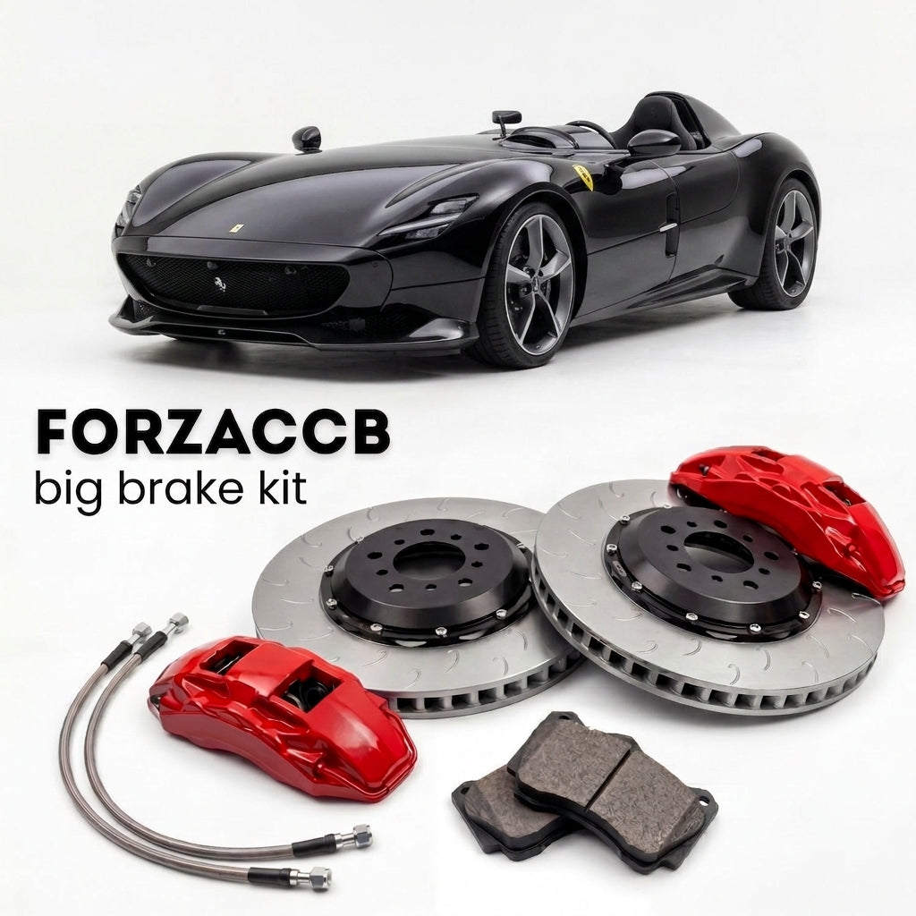 Black Ferrari Monza SP1 (2019-2022) shown above a ForzaCCB iron rotor big brake kit with 2x red 6-piston front calipers, 2x two-piece floating ventilated brake discs 380 mm, set of brake pads, and brake lines.
