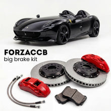Black Ferrari Monza SP2 (2019-2022) shown above a ForzaCCB iron rotor big brake kit with 2x red 6-piston front calipers, 2x two-piece floating ventilated brake discs 380 mm, set of brake pads, and brake lines.