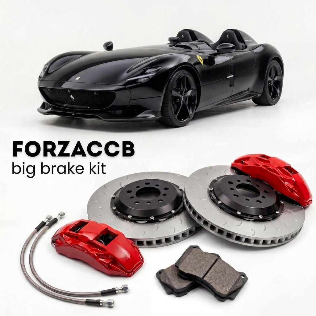 Black Ferrari Monza SP2 (2019-2022) shown above a ForzaCCB iron rotor big brake kit with 2x red 6-piston front calipers, 2x two-piece floating ventilated brake discs 380 mm, set of brake pads, and brake lines.