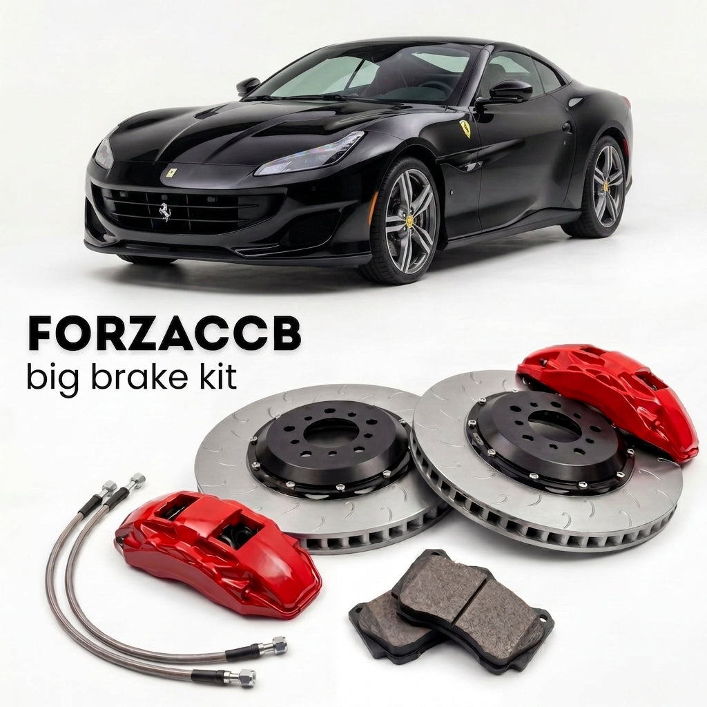 Black Ferrari Portofino (2017-2020) shown above a ForzaCCB iron rotor big brake kit with 2x red 6-piston front calipers, 2x two-piece floating ventilated brake discs 380 mm, set of brake pads, and brake lines.