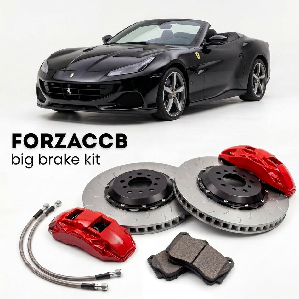 Black Ferrari Portofino M (2020-2023) shown above a ForzaCCB iron rotor big brake kit with 2x red 6-piston front calipers, 2x two-piece floating ventilated brake discs 380 mm, set of brake pads, and brake lines.