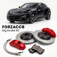 Black Ferrari Purosangue (2022+) shown above a ForzaCCB iron rotor big brake kit with 2x red 6-piston front calipers, 2x two-piece floating ventilated brake discs 380 mm, set of brake pads, and brake lines.