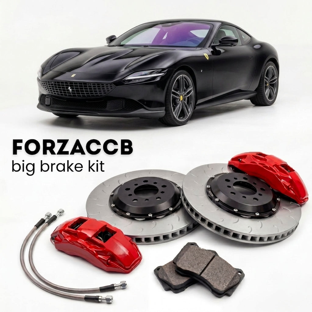 Black Ferrari Roma (2020+) shown above a ForzaCCB iron rotor big brake kit with 2x red 6-piston front calipers, 2x two-piece floating ventilated brake discs 380 mm, set of brake pads, and brake lines.