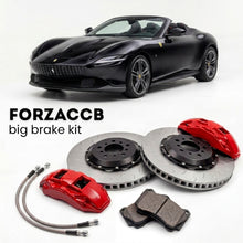 Black Ferrari Roma Spider (2023+) shown above a ForzaCCB iron rotor big brake kit with 2x red 6-piston front calipers, 2x two-piece floating ventilated brake discs 380 mm, set of brake pads, and brake lines.