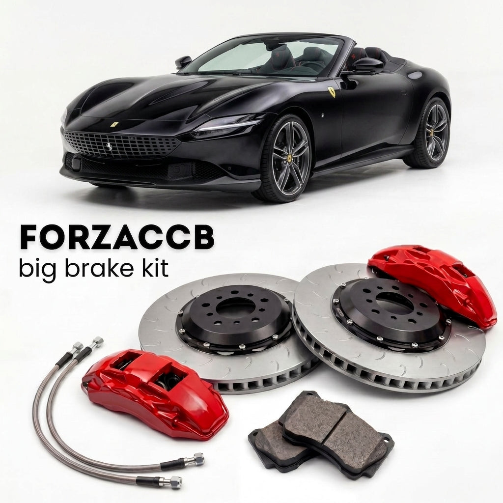 Black Ferrari Roma Spider (2023+) shown above a ForzaCCB iron rotor big brake kit with 2x red 6-piston front calipers, 2x two-piece floating ventilated brake discs 380 mm, set of brake pads, and brake lines.