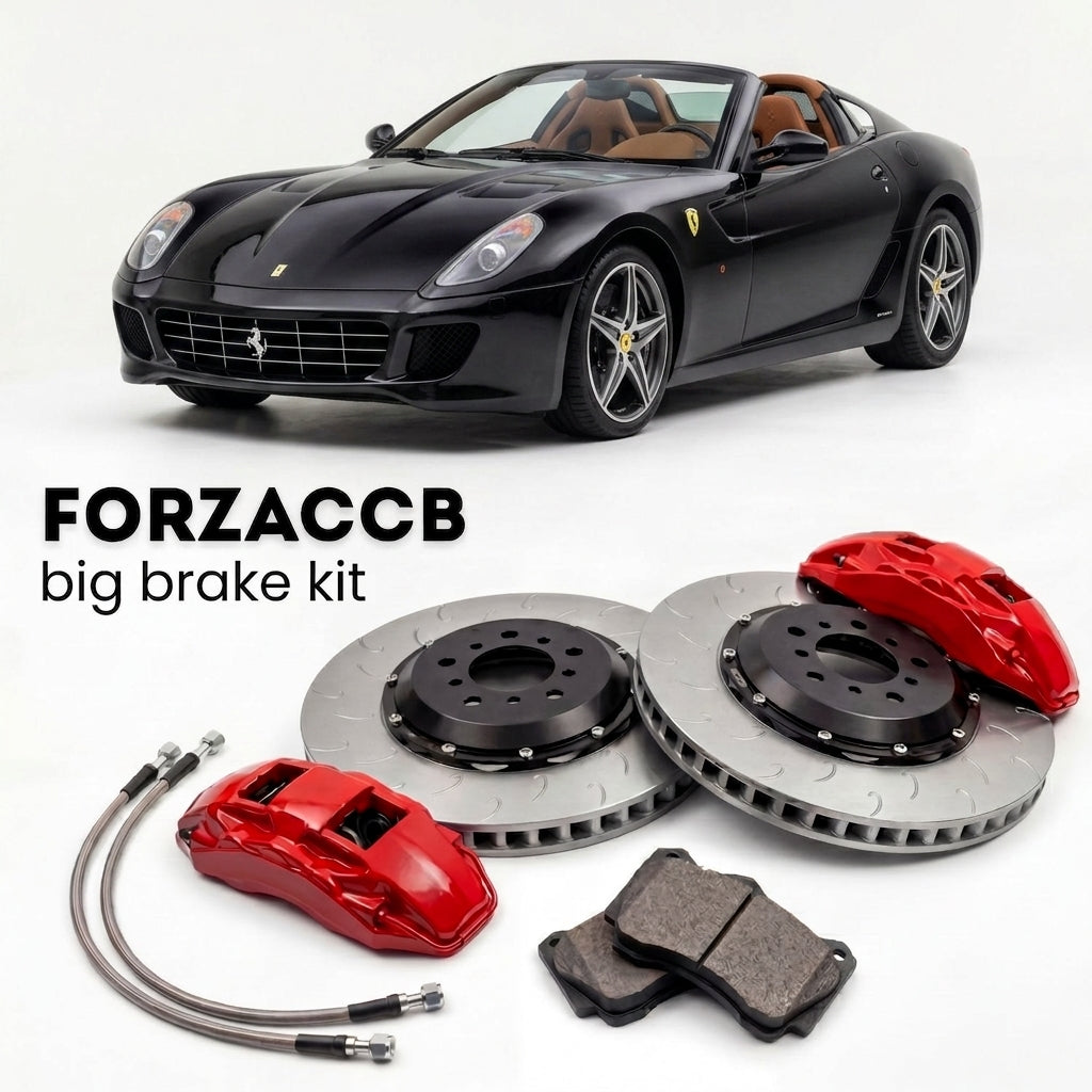 Black Ferrari SA Aperta (2010) shown above a ForzaCCB iron rotor big brake kit with 2x red 6-piston front calipers, 2x two-piece floating ventilated brake discs 380 mm, set of brake pads, and brake lines.