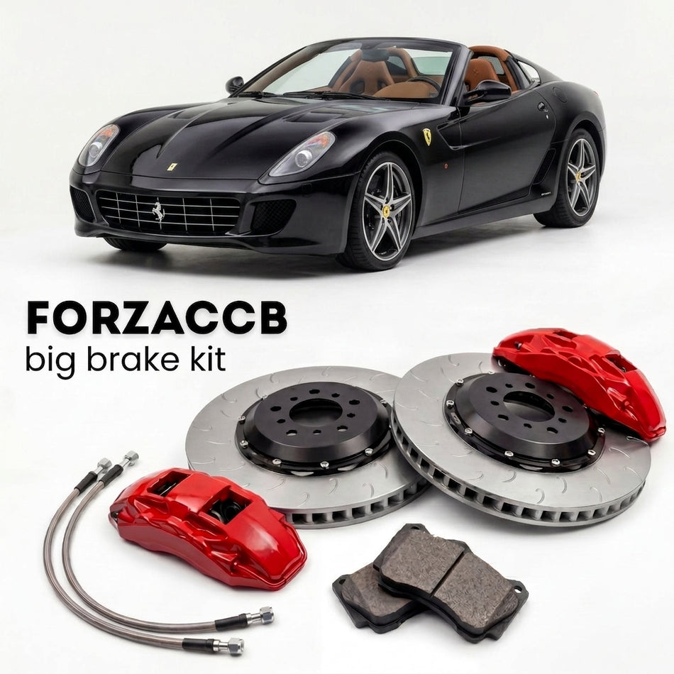 Black Ferrari SA Aperta (2010) shown above a ForzaCCB iron rotor big brake kit with 2x red 6-piston front calipers, 2x two-piece floating ventilated brake discs 380 mm, set of brake pads, and brake lines.