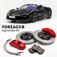 Black Ferrari SF90 Spider (2020+) shown above a ForzaCCB iron rotor big brake kit with 2x red 6-piston front calipers, 2x two-piece floating ventilated brake discs 380 mm, set of brake pads, and brake lines.