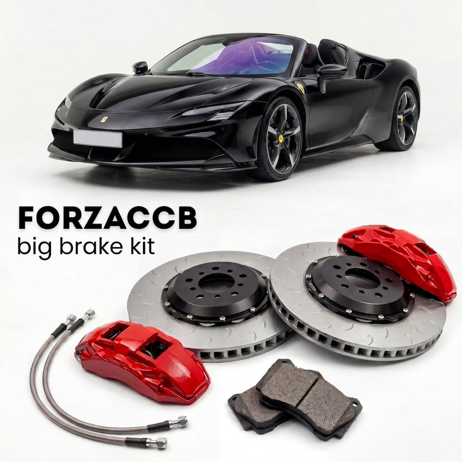 Black Ferrari SF90 Spider (2020+) shown above a ForzaCCB iron rotor big brake kit with 2x red 6-piston front calipers, 2x two-piece floating ventilated brake discs 380 mm, set of brake pads, and brake lines.