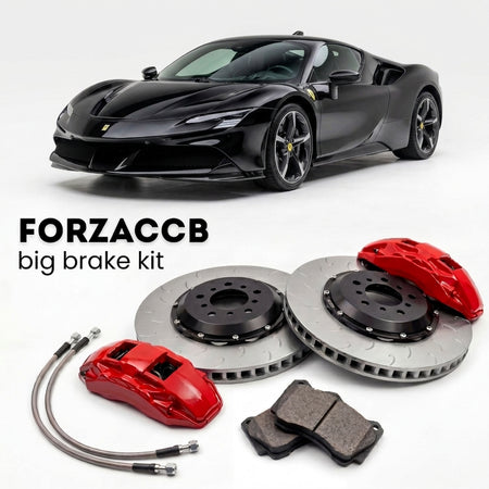Black Ferrari SF90 Stradale (2019-2024) shown above a ForzaCCB iron rotor big brake kit with 2x red 6-piston front calipers, 2x two-piece floating ventilated brake discs 380 mm, set of brake pads, and brake lines.
