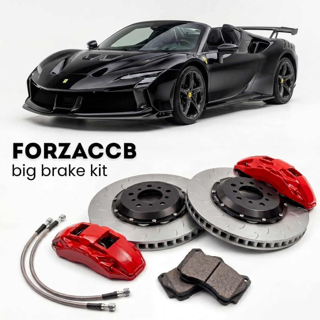 Black Ferrari SF90 XX Spider (2023+) shown above a ForzaCCB iron rotor big brake kit with 2x red 6-piston front calipers, 2x two-piece floating ventilated brake discs 380 mm, set of brake pads, and brake lines.