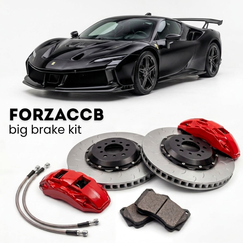 Black Ferrari SF90 XX Stradale (2023+) shown above a ForzaCCB iron rotor big brake kit with 2x red 6-piston front calipers, 2x two-piece floating ventilated brake discs 380 mm, set of brake pads, and brake lines.