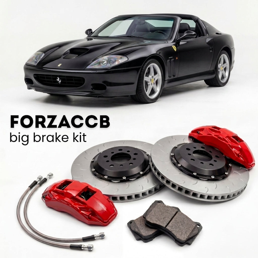 Black Ferrari Superamerica (2005) shown above a ForzaCCB iron rotor big brake kit with 2x red 6-piston front calipers, 2x two-piece floating ventilated brake discs 380 mm, set of brake pads, and brake lines.