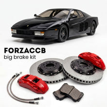 Black Ferrari Testarossa (1984-1992) shown above a ForzaCCB iron rotor big brake kit with 2x red 6-piston front calipers, 2x two-piece floating ventilated brake discs 380 mm, set of brake pads, and brake lines.