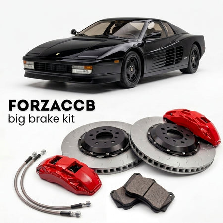 Black Ferrari Testarossa (1984-1992) shown above a ForzaCCB iron rotor big brake kit with 2x red 6-piston front calipers, 2x two-piece floating ventilated brake discs 380 mm, set of brake pads, and brake lines.