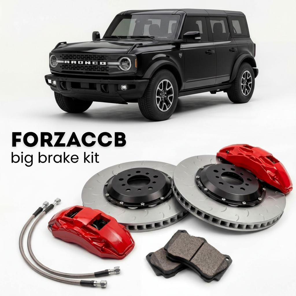 Black Ford Bronco VI Four-door (2020+) shown above a ForzaCCB iron rotor big brake kit with 2x red 6-piston front calipers, 2x two-piece floating ventilated brake discs 380 mm, set of brake pads, and brake lines.