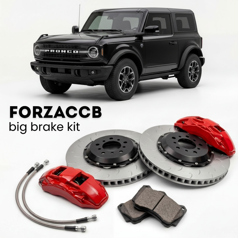 Black Ford Bronco VI Two-door (2020+) shown above a ForzaCCB iron rotor big brake kit with 2x red 6-piston front calipers, 2x two-piece floating ventilated brake discs 380 mm, set of brake pads, and brake lines.