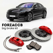 Black Ford Capri EV (2024+) shown above a ForzaCCB iron rotor big brake kit with 2x red 6-piston front calipers, 2x two-piece floating ventilated brake discs 380 mm, set of brake pads, and brake lines.
