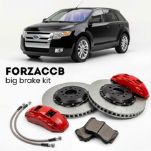 Black Ford Edge I (2007-2011) shown above a ForzaCCB iron rotor big brake kit with 2x red 6-piston front calipers, 2x two-piece floating ventilated brake discs 380 mm, set of brake pads, and brake lines.