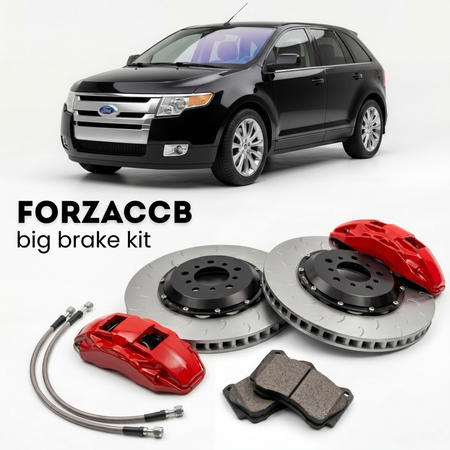 Black Ford Edge I (2007-2011) shown above a ForzaCCB iron rotor big brake kit with 2x red 6-piston front calipers, 2x two-piece floating ventilated brake discs 380 mm, set of brake pads, and brake lines.