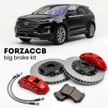 Black Ford Edge II (2015-2018) shown above a ForzaCCB iron rotor big brake kit with 2x red 6-piston front calipers, 2x two-piece floating ventilated brake discs 380 mm, set of brake pads, and brake lines.