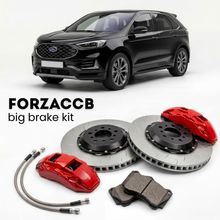 Black Ford Edge facelift 2018) (2018-2023 (II) shown above a ForzaCCB iron rotor big brake kit with 2x red 6-piston front calipers, 2x two-piece floating ventilated brake discs 380 mm, set of brake pads, and brake lines.